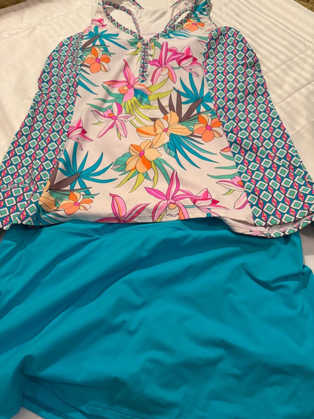 Beach House Turquoise and White Swim Top with Geometric Accent - Picture 13 of 14